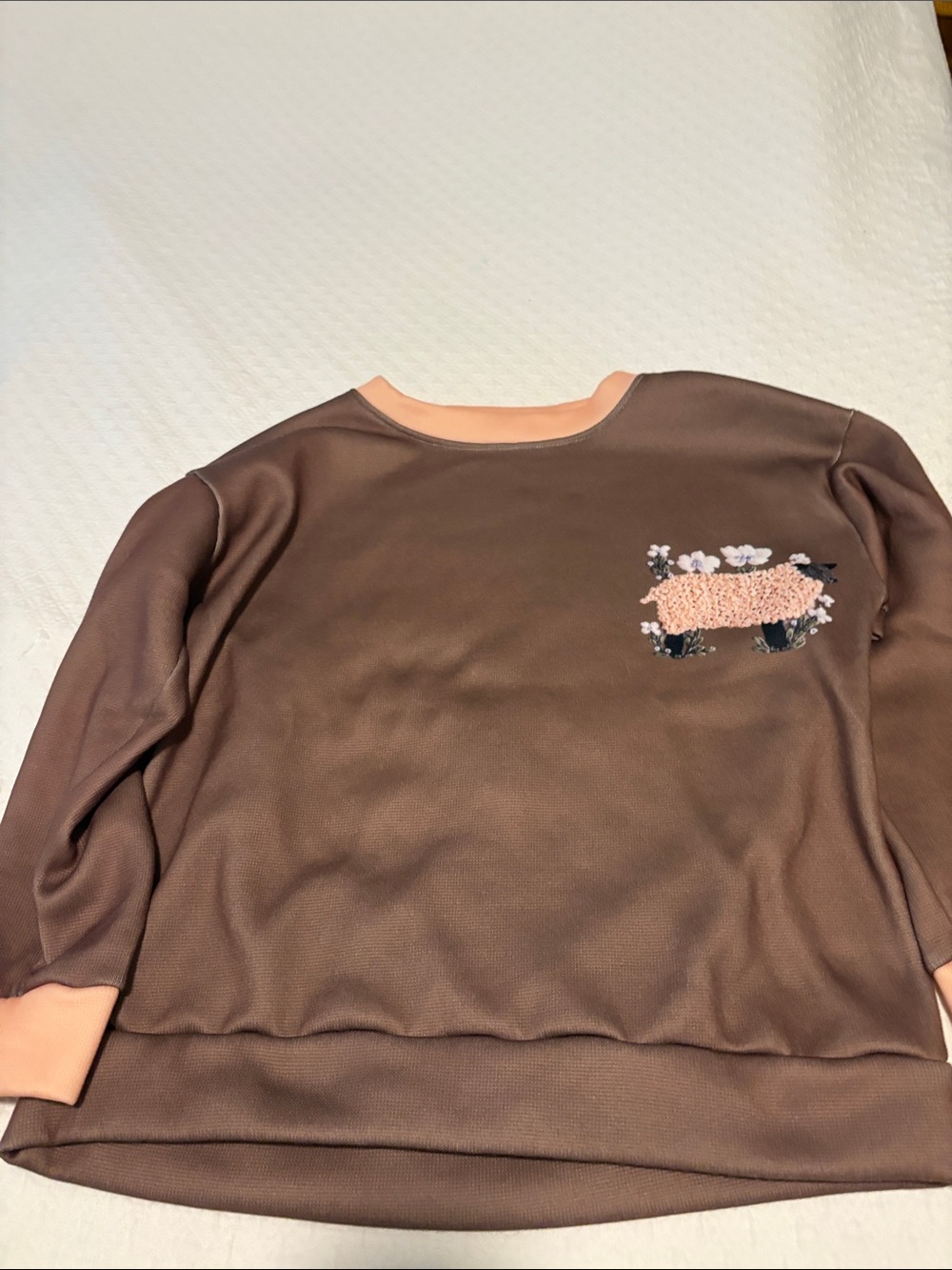Brown Crewneck Sweater with Pink Floral Appliqué